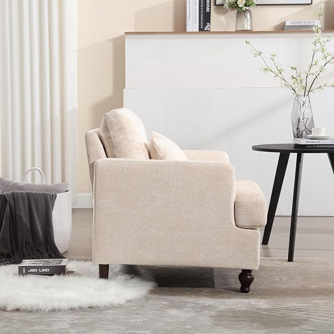 Furnilivng Mid-Century Modern Accent Chair, Comfortable Chenille Lounge Armchair, Upholstered Cozy Single Sofa Chair for Living Room, Bedroom, Reading Room, Home Office, Beige