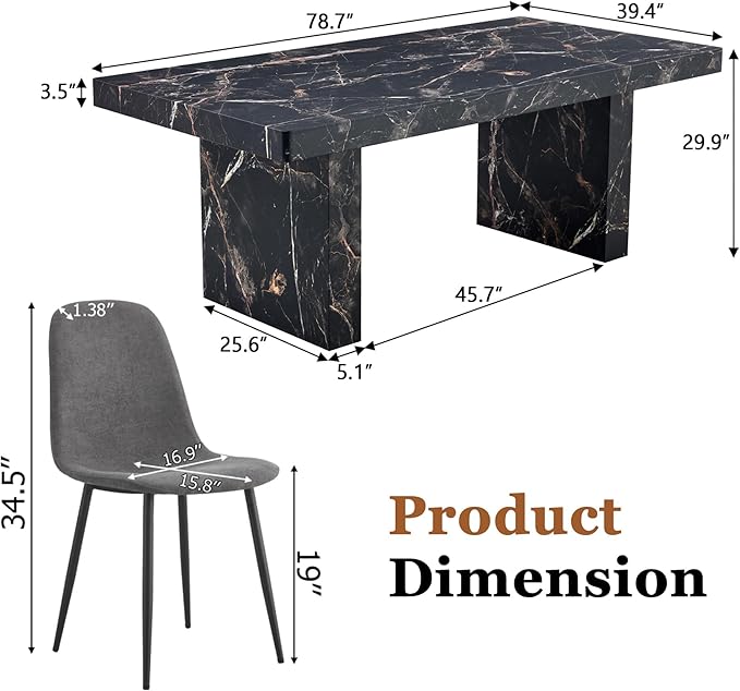 79" Marble Dining Table Set｜Modern Dining Table Set with 6 Artifical Leather Chairs｜Engineered Wood with Marble Pattern Tabletop｜Widened and Stable Tablelegs｜Easy Assembly