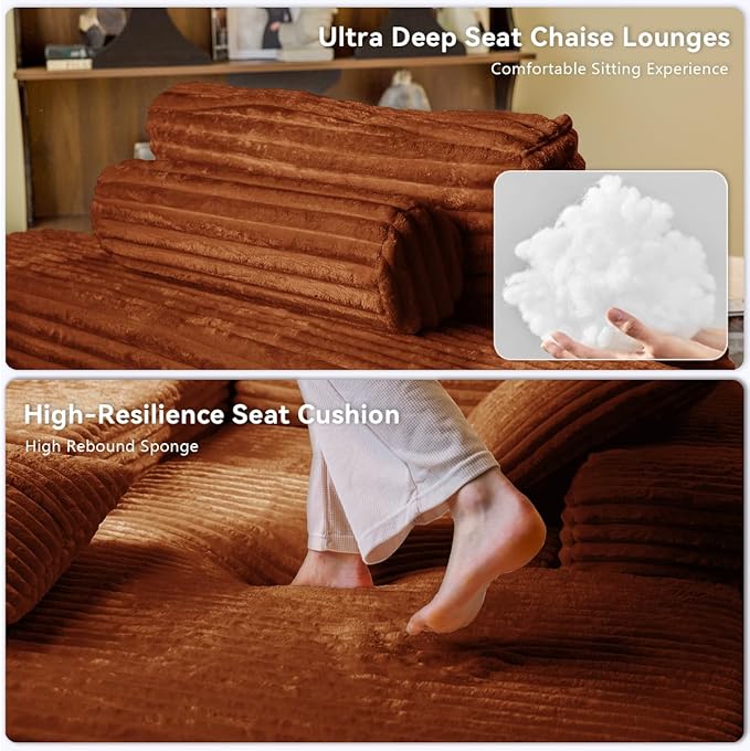 67" Oversized Chaise Lounge Chair Indoor, Cloud Couches for Living Room, Corduroy Sleeper Sofa Bed, No Assembly Required, Deep Seat Lounge Chair with Pillows Orange-Brown