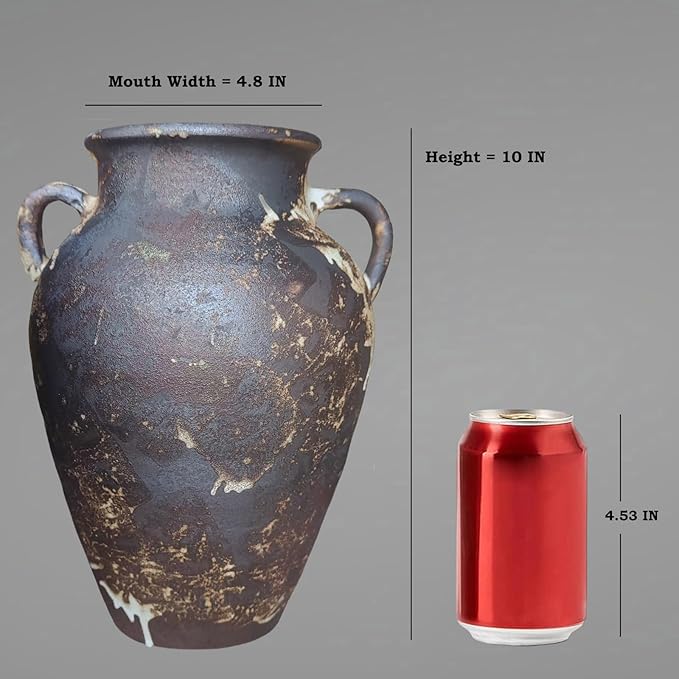 Black Pottery Vase - 10" Rustic Farmhouse vase, Vintage Weathered Terracotta Vases, Handmade Clay vases with Two Handles, Tall Textured Antique Vase for Home Decor, Entryway, Fireplace Mantel Decor