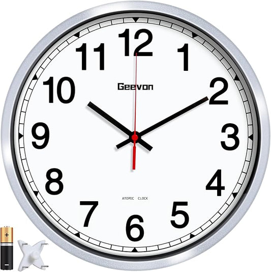 Geevon 12 Inch Atomic Wall Clock - Self-Setting Analog Clock with Automatic Time Sync - Battery Operated for Home Office School - Silver Frame