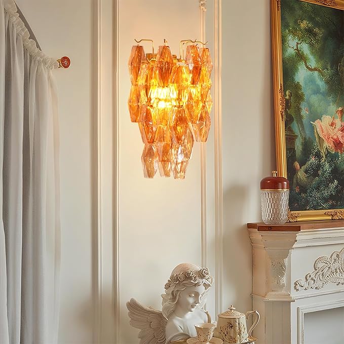 Brass Wall Sconce, 2-Light Amber Glass Sconce Wall Lighting, Gold Wall Light Vanity Light for Bathroom, Wall Lamp for Living Room, Bedroom,Vanity, Stairs, Hallway, Farmhouse