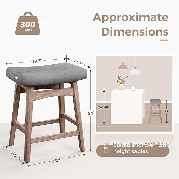 MAISON ARTS Counter Height Bar Stool for Kitchen Counter Solid Wood Legs with Fabric Saddle Seat Farmhouse Barstool for 34"-38" Counter Island Upholstered Stool, 24in, Grey Cushion,1pc