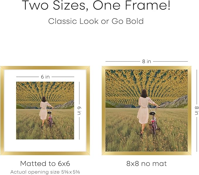 Homeforia 8x8 Picture Frame Gold, High End Metal 8 x 8 Square Photo Frames with Mat 6 by 6, 8x8 Poster Frame Matted to 6x6 inches Print, 8by8 Wall or Tabletop Frame, Tempered Glass, Wall Kit, Set of 3