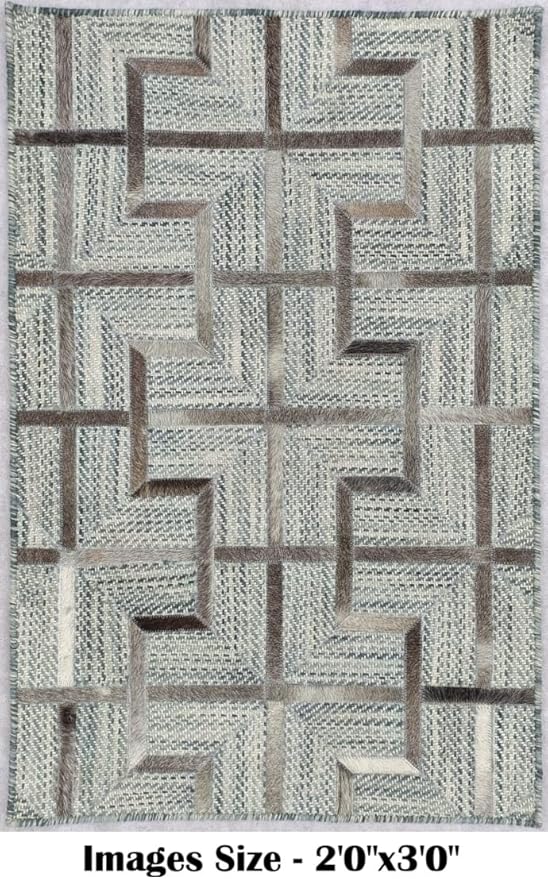 Geometric Pattern Area Rug, Leather and Wool Blend Carpet, Beige and White (Multi Grey-120, 9x13)