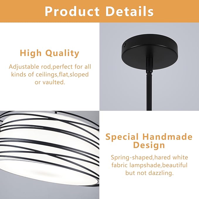 19.7" Black Pendant Light, 5-Lights Modern Drum Chandeliers for Dining Room Adjustable Pendant Hanging Lighting with White Fabric Shade for Kitchen Island Living Room Entryway Bedroom