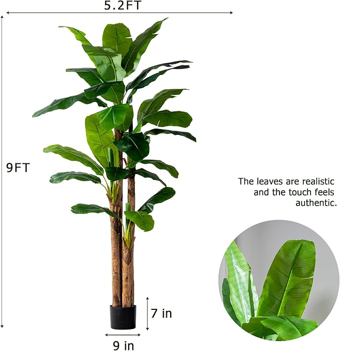 9FT Artificial Banana Tree Tall Fake Banana Leaf Plant Faux Banana Silk Tree Faux Banana Leaves for Home Swimming Pool Indoor Outdoor Patio Tropical Decor