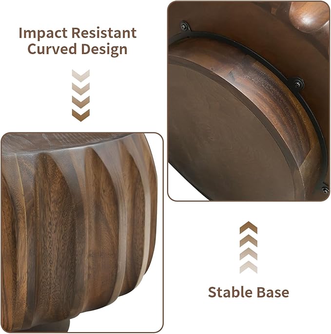 31.5" Round Coffee Table Drum Table Contemporary Wood Fluted Centry Table with Solid Wood Veneer for Living Room (Walnut)