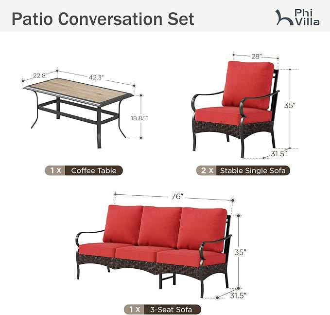 PHI VILLA Outdoor Modern Patio Furniture Set, Upgraded Wicker&Metal Patio Furniture Conversation Set with Waterproof Thick Cushions for Porch, Poolside, Deck, and Yard (4 Pieces,Red)