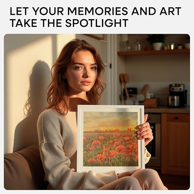 Homeforia 12x12 White Frame Wood, High End Oak 12 x 12 Square Picture Frames with Mat 10 by 10 inches Photo, 12by12 White Wooden Poster Frames Matted to 10x10 Print, Tempered Glass, Wall Kit, Set of 1