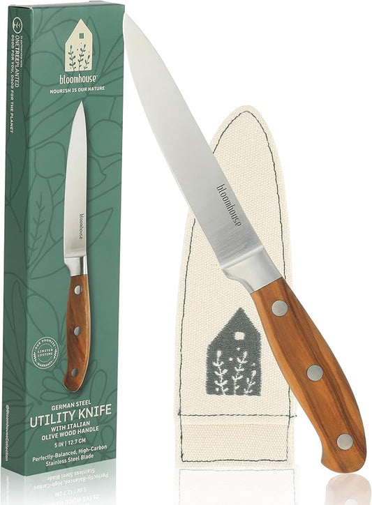 Bloomhouse 5 Inch German Steel Utility/Boning Knife W/Italian Olive Wood Forged Handle