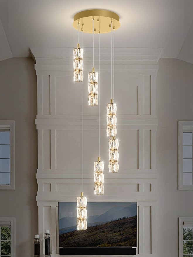 H78 Pendant Lights Kitchen Island 6-Lights Pendant Chandelier for Dining Room Hallway Stairwell,LED Dimmable 2700K-6000K (Gold Chandelier)