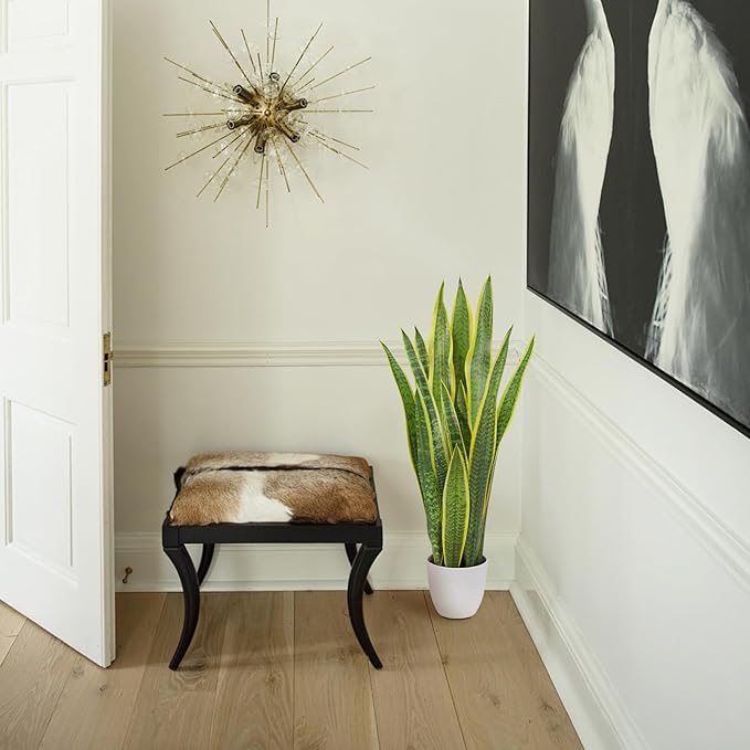 Hollyone Artificial Snake Plant Potted, 28 Inch Faux Sansevieria Trifasciata Plants Large Tall Tropical Fake Snake Plants Tree in White Pots for Home Office Room Patio Garden Indoor Outdoor Decor