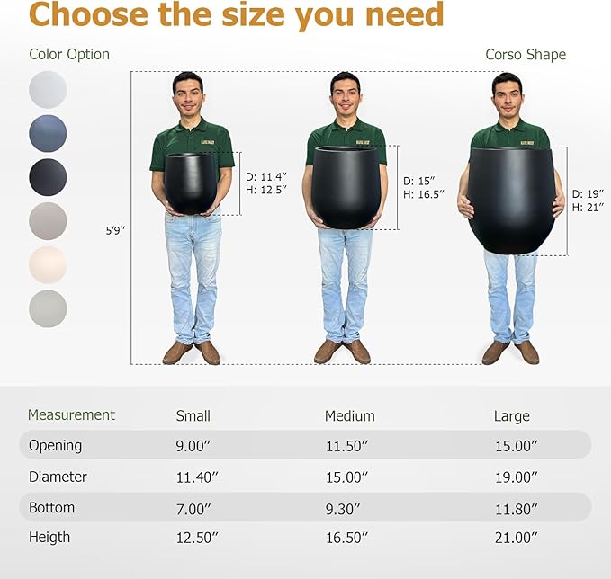 12.5"H x 11.4"D Corso Fiberstone Round Tapered Planter with Drainage Hole, Smooth Finishes, Weather Resistant for Indoor and Outdoor Use, Included 2 Extra Coco Mats (Black, 9" Pot Opening)