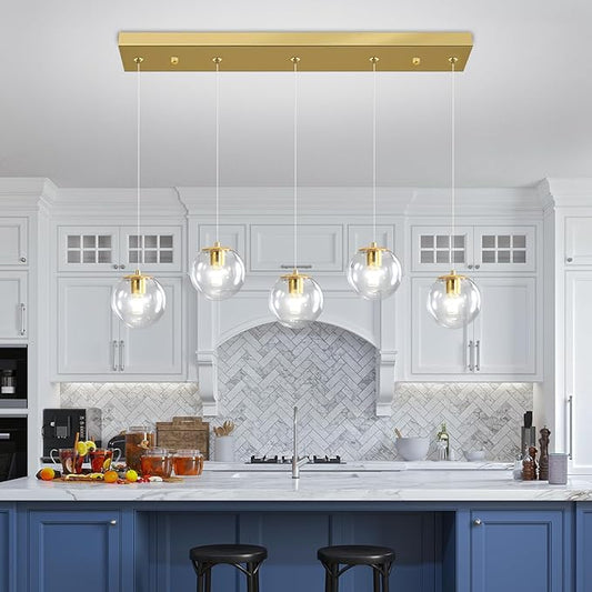 5-Lights Modern Rectangle Chandelier Globe Pendant Light,Gold Linear Globe Chandeliers for Dining Room and Kitchen Island