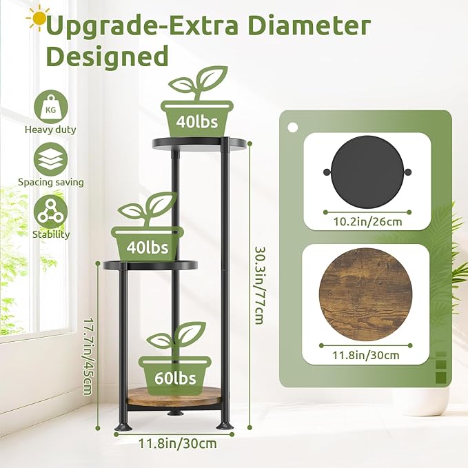 3 Tier Plant Stand Indoor Outdoor, 10in Wide Metal Tiered Tall Flower Pot Holder Multiple Shelf, Large Heavy Duty Round Rack for Patio Garden Living Room Balcony Corner Bathroom Orchid,Modern Black