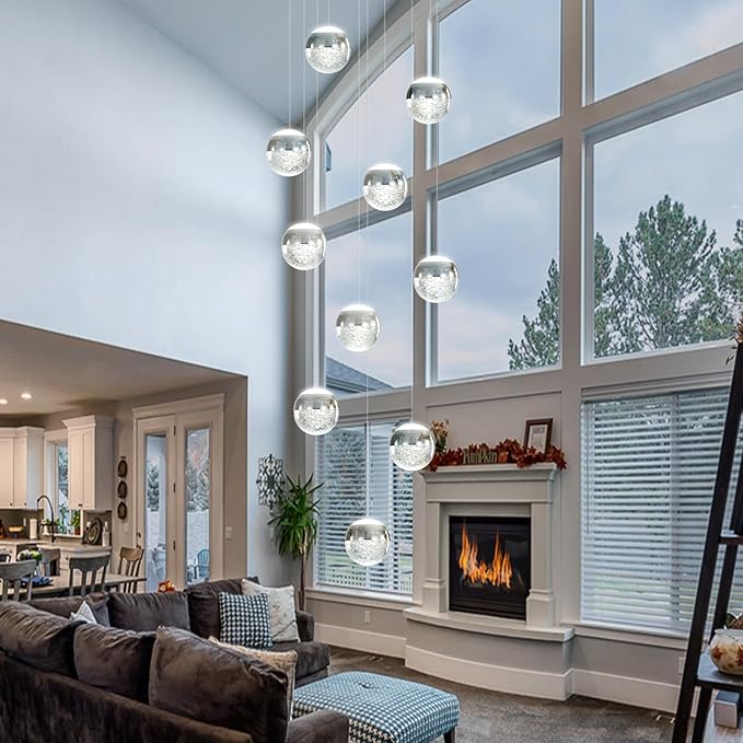 LED Staircase Chandelier Crystal Globe Pendant Light Large Chandeliers for High Ceiling,10-Lights Hanging Flush Mount Lighting Fixtures for Foyer,Entryway,Living Room