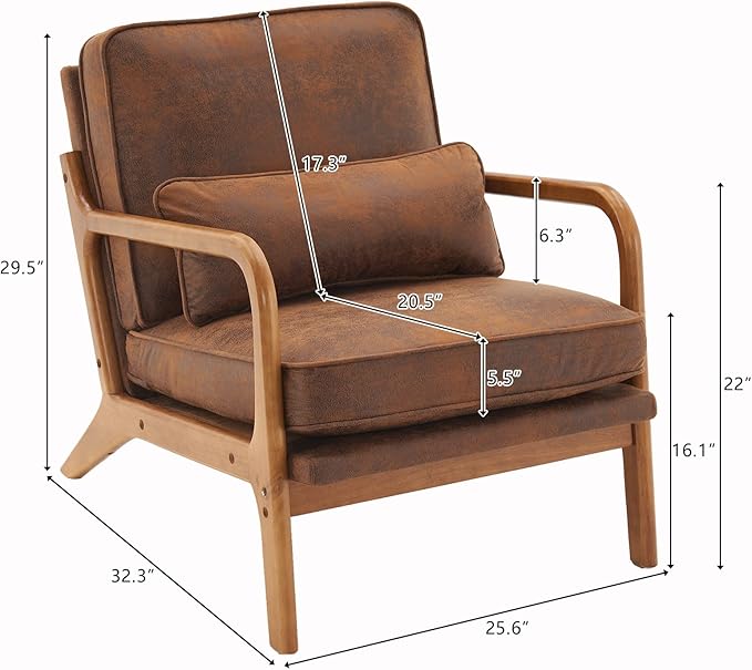 Karl home Accent Chair Mid-Century Modern Chair with Pillow Bronzing Cloth Upholstered Lounge Arm Chair with Solid Wood Frame & Soft Cushion for Living Room, Bedroom, Balcony, Brown