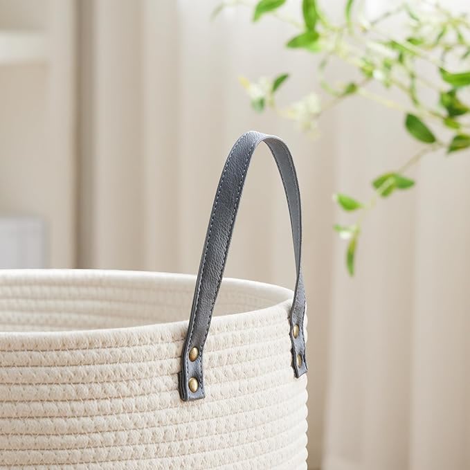 VIPOSCO Tall Laundry Basket, Large Dirty Clothes Hamper with Leather Handle, Woven Rope Storage Basket for Blanket, Toy In Living Room, Bathroom, Bedroom - 100L Grey & White