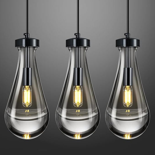 Raindrop Pendant Lights Kitchen Island Teardrop PlatingBlack Hanging Light Fixtures Clear Solid Glass Pendant Light Modern Chandeliers for Dining Room Porch Corridor Living Room(Black 3-Pack)