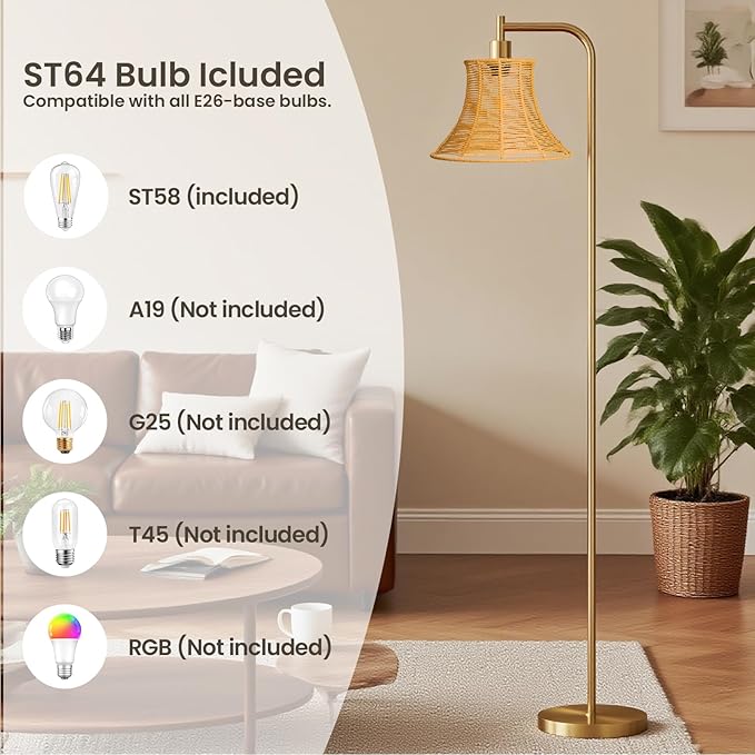 Floor Lamp,67" Modern Vintage Standing Lamp with Rattan Lampshade Metal Pole for Living Room, Bedroom, Office - Heavy Base,Pedal Switch(Include E26 Bulb)