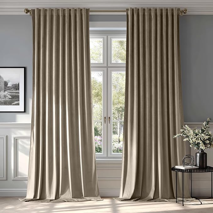 MIULEE Taupe Velvet Curtains 90 inches 2 Panels - Luxury Room Darkening Window Drapes for Bedroom Living Room Thermal Insulated Super Soft Blackout, Back Tab Rod Pocket Pinch Pleated, W52 x L90