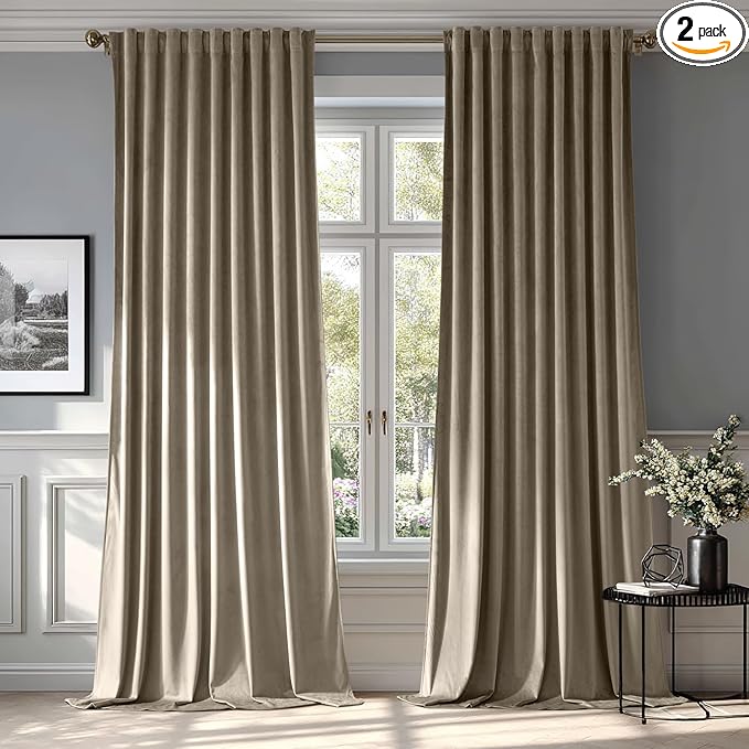 MIULEE Taupe Velvet Curtains 108 inches - Luxury Blackout Curtains for Bedroom Living Room Thermal Insulated Super Soft Window Drapes Rod Pocket & Back Tab, W52 x L108 inches, 2 Panels