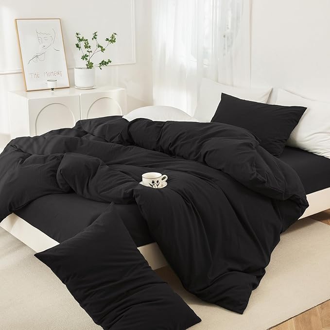 JIYUAN 100% Washed Cotton Duvet Cover Set 3 Pieces Super Queen, 1 Duvet Cover 90x98 Inches(Comforter Not Included) and 2 Pillowcases,Linen Feel Bedding Set Comfy and Breathable,Black