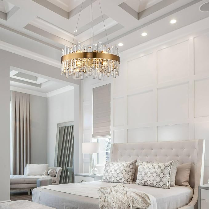 Round Crystal Chandeliers, D19.7 inch 12-Light Brass Gold Chandelier Lighting Fixture, Height Adjustable Pendant Ceiling Light for Living Room Dining Room Bedroom