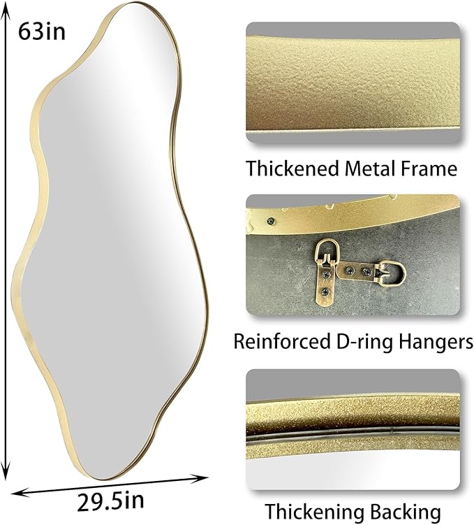 Large Irregular Mirror, 63"x29.2" Asymmetrical Mirrors Full Length, Abstract Wall Mirror Decorative, Waved Shaped Mirrors for Living Room Dressing Bathroom Bedroom Hallway Entryway