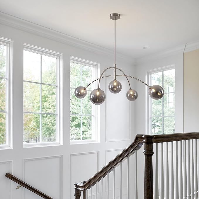 Modern Silver Chandelier 5 Light Smoke Gray Semi Flush Mount Chandelier Vintage Industrial Ceiling Light for Dining Room Kitchen Bedroom Hallway