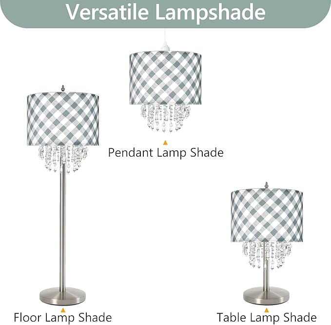 Star Vision Checkered Drum Fabric Lampshade with Crystal Beaded Droplets, Farmhouse Chic Light Shade for Pendant Table Wall & Floor Lamps, Neutral Home Decor for Bedroom Living Room Entryway