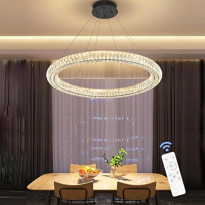 Dimmable LED 47.5" Large Ring Pendant Light Modern Black Crystal Chandelier Adjustable Round Crystal Chandelier Light for Dining Room Living Room