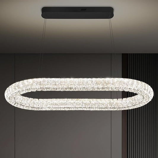 Oval Crystal Chandelier, 40'' Black Crystal Ring Pendant Light for Kitchen Island Modern Linear Oval Chandeliers for Dining Room Dimmable 3000K-6000K