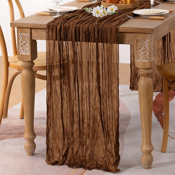 MLMC 3 Pack Brown Table Runner 10ft Boho Rustic Gauze Coffee Cheesecloth Table Runner Neutral Fall Decor 35x120 Inches for Fall Wedding Bridal Shower Reception Party Decor
