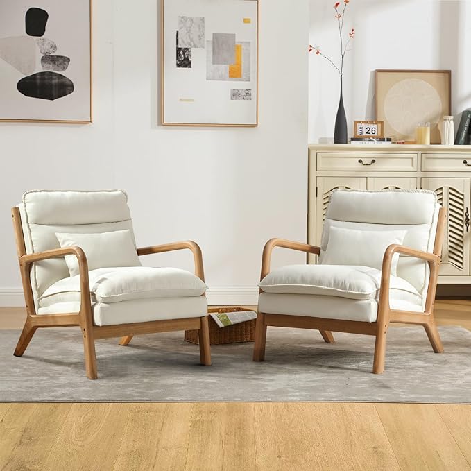 INZOY Accent Chairs Set of 2, Mid Century Modern Accent Chair with Wood Frame, Upholstered Reading Armchair with Waist Cushion, Side Chair for Living Room Bedroom Office, Easy Assembly, White