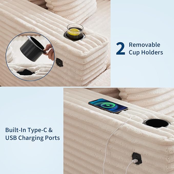 GarveeHome Oversized Chaise Lounge Chair Indoor, Comfy Corduroy Lounge Sofa with Charging Station, Cup Holders & Throw Pillows, Cozy Sleeper Couch for Living Room Apartments, Beige