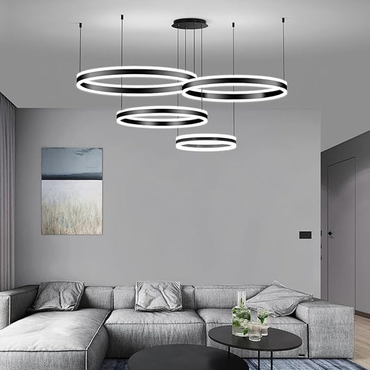 Modern LED Chandelier Light, 4 Ring Black Pendant Lighting Fixture, Adjustable Hanging Ceiling Lamp for Dining Room, Kitchen Island, Entryway, Living Room, Dimmable Dining Lights Over Table