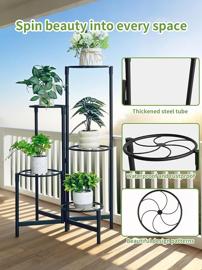 Corner Plant Stand Indoor Outdoor Tall Metal Flower Pot Stands for Multiple Plants 5 Tier Heavy Duty Plant Shelf for Patio Garden Balcony Living Room Bedroom Black Kite