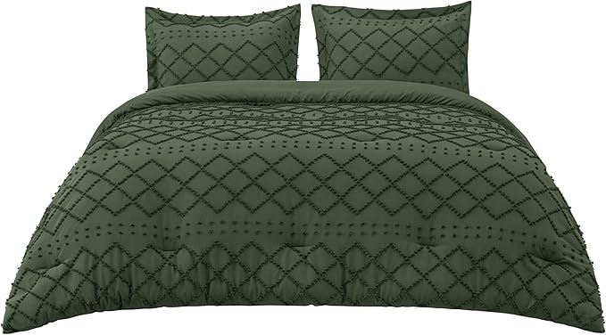 Bedsure Twin XL Comforter Set - Olive Green Comforter, Boho Tufted Shabby Chic Bedding for Kids, 2 Pieces Vintage Farmhouse Bed Set for All Seasons, Fluffy Soft Bedding with 1 Pillow Sham