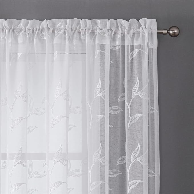 VISIONTEX Sheer Curtains 120 inch Length 2 Panels Set, White Voile Crushed Vine Leaves Embroidery, Rod Pocket Embroidered Window Drapes for Living Room and Bedroom, 54" x 120"