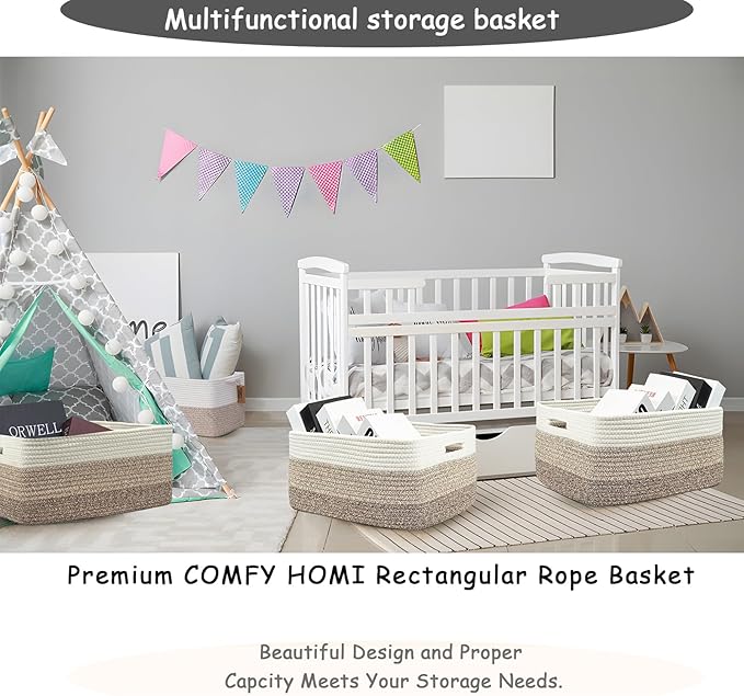 COMFY-HOMI 3 pcs Large Storage Baskets for Shelves, Laundry Basket, Woven Rope Basket, Closet Organizer Bins for Clothes Blanket Towels, Baby Nursery, Gift Toy Baskets, 17” x 13” x 7.5”-White/3 Brown