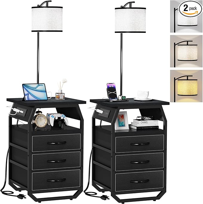 Floor Lamp with Table Set of 2, End Tables with Lamps Attached 3-Color Temperature Bulb, Side Table with Lamp with 3 Drawers & Charging, Lamps Tables Combo for Bedroom, Dorm - Black
