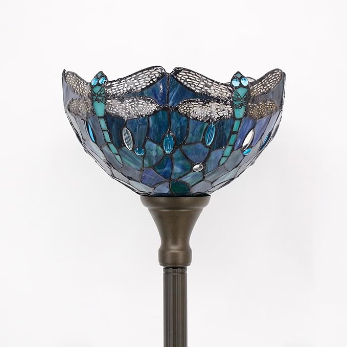 Tiffany Floor Lamp Torchiere Stained Glass Torch Lamp 12X12X67 Inch Antique Standing Corner Light (Dark Blue Dragonfly)