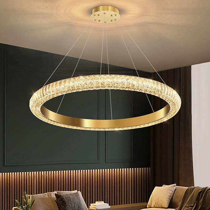 31.5" 1 Ring Crystal Chandelier Modern LED Dimmable Ring Pendant Light Chandelier for Dining Room Living Room Gold