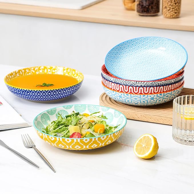 KitchenTour Large Pasta Bowls 34 oz, Ceramic Salad Serving Bowls Set of 6, 8.6 Inch Wide and Shallow Bowl Soup Bowl- Dishwasher and Microwave Safe, Assorted Colors