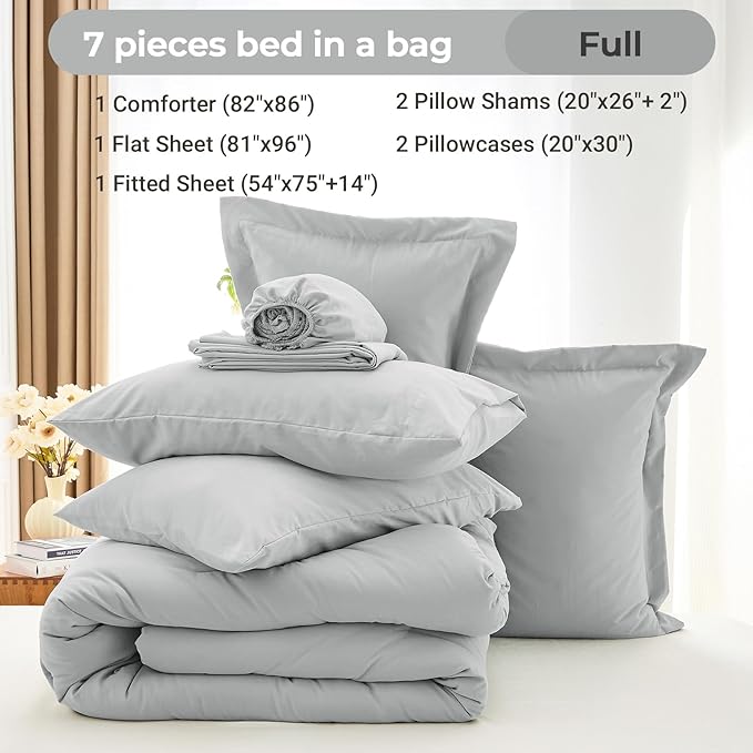 MUXHOMO 7 Pieces Full Comforter Set, Soft Bed in a Bag Full Size, All Season Bedding Set with Comforter, Flat Sheet, Fitted Sheet, Pillowcases & Shams, Light Grey