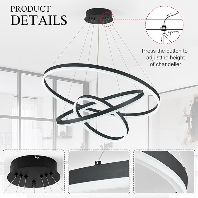 3-Rings Modern LED Chandelier Black, Dimmable Pendant Lighting with Remote Control Circular Flush Mount High Ceiling Light for Living Room Dining Room Foyer, 3000K-6500K D31.5’’