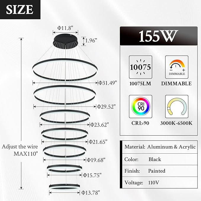 7-Rings D31.5’’ Modern LED Chandelier Black Dimmable High Ceiling Chandeliers Foyer with Remote Control for Staircase Entryway Dining Room Living Room, 3000K-6500K