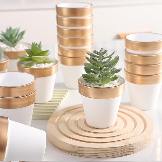 36 PCS Small Mini White&Gold Clay Pots with Drainage Holes,2.5inch Terra Cotta Pot Clay Ceramic Pottery Planter,Succulent Nursery Pot/Cactus Plant Pot,for Indoor/Outdoor Plants, Crafts, Wedding Favor